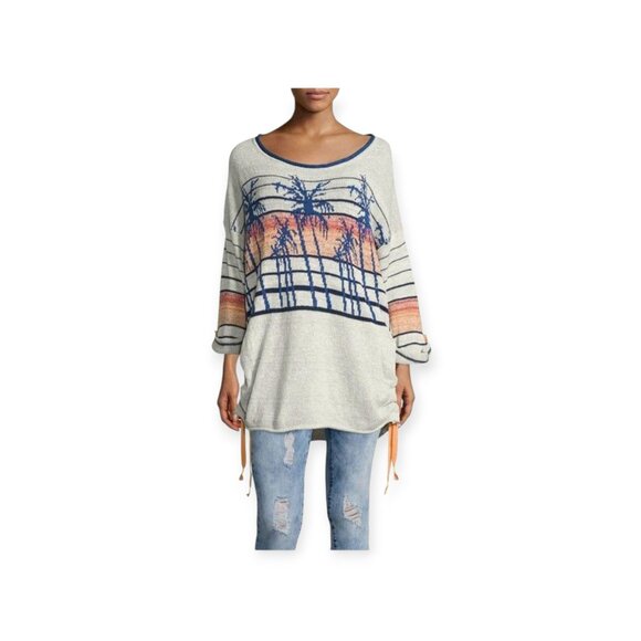 Free People Palm Tree Breeze Knit Ruched Sweater XS Pale Grey Blue Orange Top - Picture 4 of 16